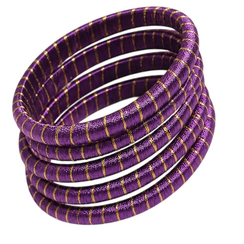 Antika Purple Bangle Bracelet Set Gold Stripe Stackable Made in India NWT
